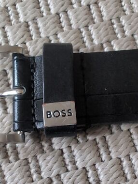 Boss Black Leather Belt with Silver Logo Accent